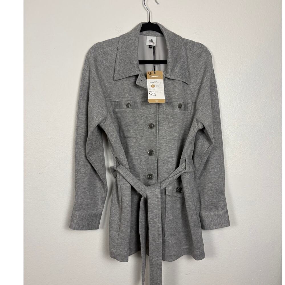 NWT Cabi Grab & Go Trench Grey Button Front Sweater Tie Waist Jacket Large